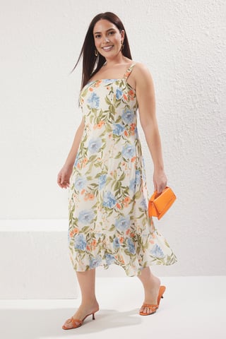 Trendyol Curve Women's Ecru Floral Midi Sleeveless Casual A-line Plus Size Dress