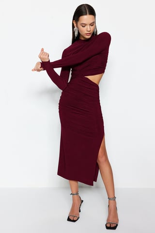TRENDYOLMİLLA Women's Burgundy Plain Midi Long Stylish/Night Shift Dresses