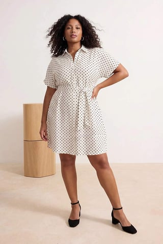 Trendyol Curve Women's Ecru Polka dot Midi Short Casual Skater Plus Size Dress