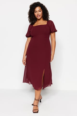 Trendyol Curve Women's Burgundy Plain Midi Short Casual A-line Plus Size Dress