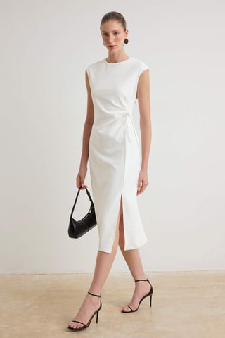 TRENDYOLMİLLA Women's Ecru Plain Midi Sleeveless Business A-line Dresses