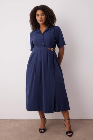 Trendyol Curve Women's Dark blue Plain Midi Short Casual Shift Plus Size Dress