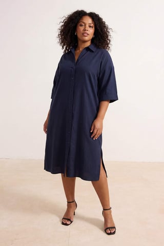 Trendyol Curve Women's Dark blue Plain Midi Sleeveless Casual Shirt dress Plus Size Dress