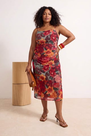 Trendyol Curve Women's Multicolor Floral Midi Sleeveless Shift Plus Size Dress