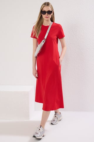 TRENDYOLMİLLA Women's Red Plain Midi Short Casual A-line Dresses