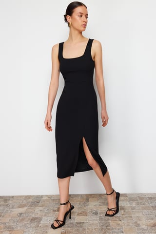 TRENDYOLMİLLA Women's Black Plain Midi Sleeveless Evening / Daily Bodycon Dresses