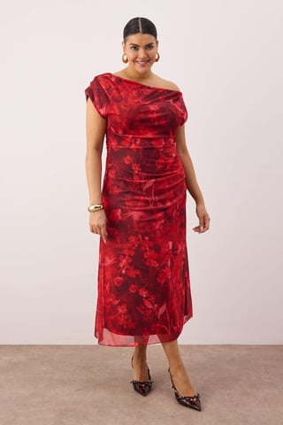 Trendyol Curve Women's Red Floral Midi Sleeveless Casual A-line Plus Size Dress