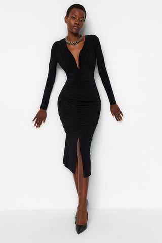TRENDYOLMİLLA Women's Black Plain Midi Long Evening / Daily Bodycon Dresses