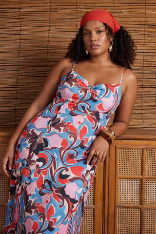 Trendyol Curve Women's Multicolor Graphic Midi Short A-line Plus Size Dress