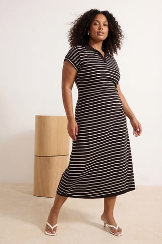 Trendyol Curve Women's Black Striped Midi Short Casual A-line Plus Size Dress