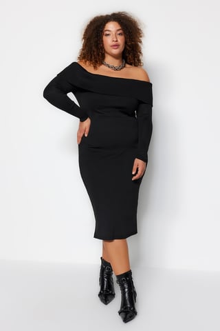Trendyol Curve Women's Black Plain Midi Long Evening / Daily Bodycon Plus Size Dress