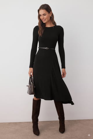 TRENDYOLMİLLA Women's Black Plain Midi Long Evening / Daily A-line Dresses