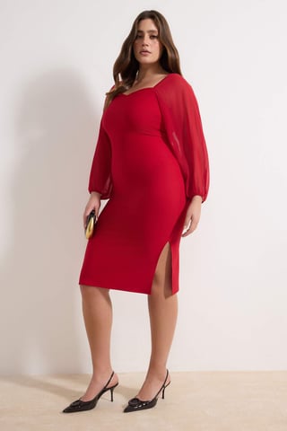Trendyol Curve Women's Red Plain Midi Long Stylish/Night Bodycon Plus Size Dress