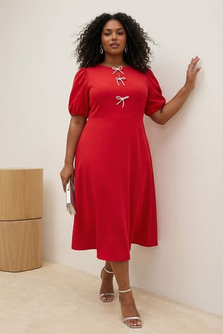 Trendyol Curve Women's Red Plain Midi Short Stylish/Night Skater Plus Size Dress