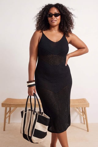 Trendyol Curve Women's Black Lochmuster Midi Sleeveless Beachwear A-line Plus Size Dress