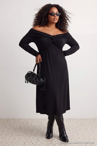 Trendyol Curve Women's Black Plain Midi Long A-line Plus Size Dress