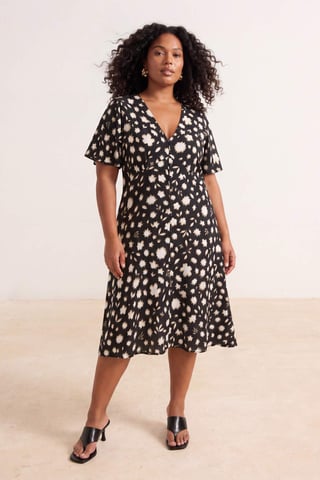 Trendyol Curve Women's Black Floral Midi Short Casual Shirt dress Plus Size Dress