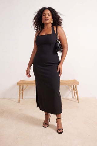 Trendyol Curve Women's Black Plain Midi Sleeveless Party Skater Plus Size Dress