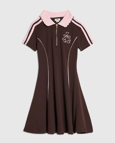 River Island Girls Polo Dress Brown Ribbed Zip Cherry Bow