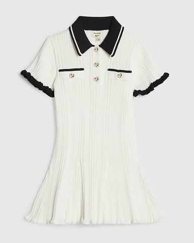 River Island mini-jurk voor meisjes, crèmekleurig, gebreid, zwierig model, met kraag