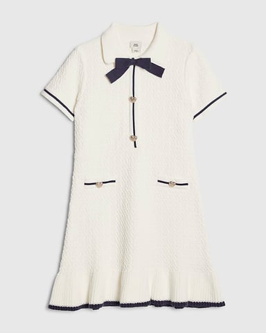 River Island Meisjesjurk van bouclé met strik in crème
