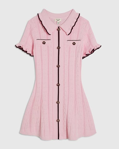 River Island Roze gebreide mini-jurk voor meisjes met kraag en schulprand