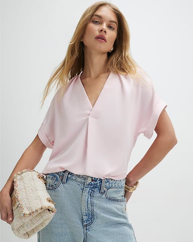 River Island Dames T-shirt Roze Crêpe V-hals Korte mouwen