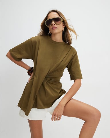 River Island Dames T-shirt Khaki Katoen Korte mouwen Plooi aan de voorkant