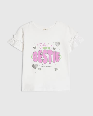River Island Mini T-shirt voor meisjes Wit Got A Bestie Ronde hals