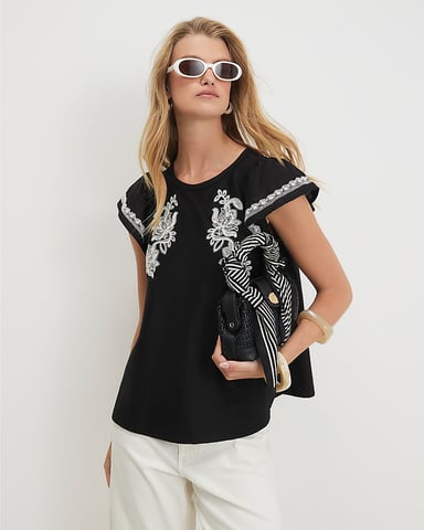 River Island Damesblouse zwart met applicatie van popeline en ronde hals