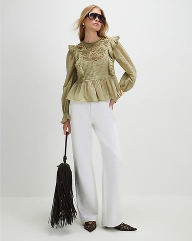 River Island Damesblouse kaki met ajourwerk, ruches en plooien