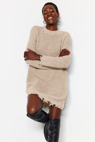 TRENDYOLMİLLA Women's Beige Plain Extra Short / Super Mini Long Casual Shift Dresses