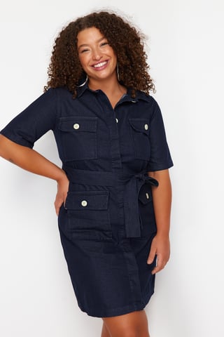 Trendyol Curve Women's Dark blue Plain Short / Mini Short Casual Shirt dress Plus Size Dress