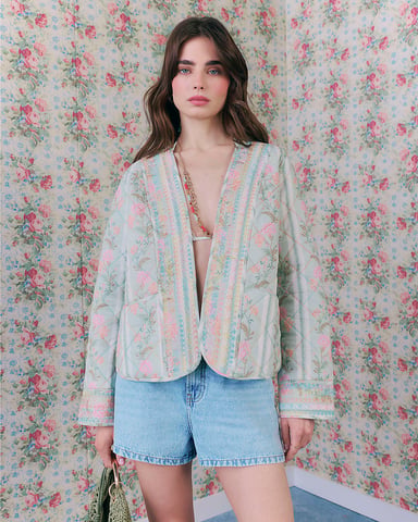River Island Damesjas Groen Bloemenprint Gewatteerd Katoen