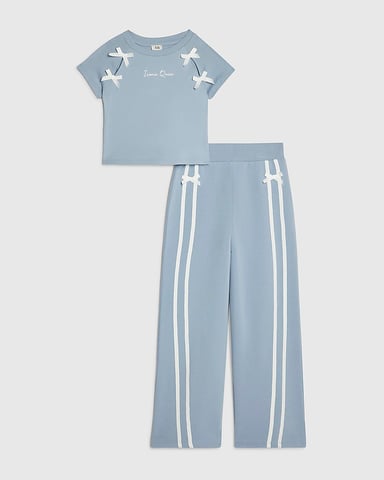 River Island Girls T-Shirt & Joggers Set Blue Bow Taped Wide Leg 2 Piece