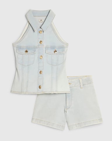 River Island Meisjesset met gilet en shorts Blue Denim 2-delig