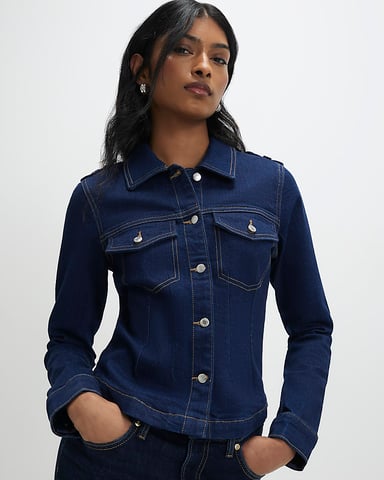 River Island Dames Spijkerjack Blauw Getailleerd Met kraag Denim