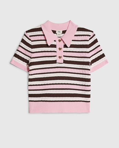 River Island Girls Polo Top Pink Stripe Collared Cable Knit