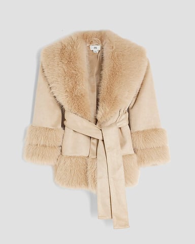 River Island Meisjes Overslagjas Crèmekleurig Imitatiesuède Bont Ceintuur