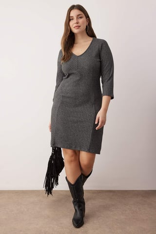 Trendyol Curve Women's Gray Plain Short / Mini Long Casual A-line Plus Size Dress