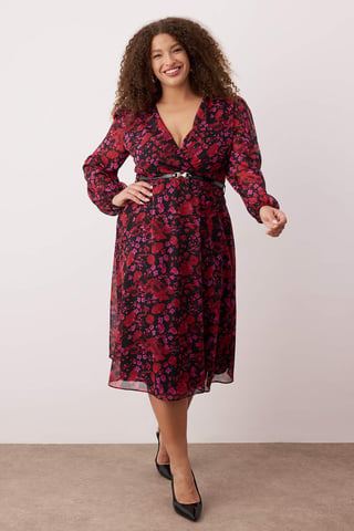Trendyol Curve Women's Burgundy Floral Short / Mini Long Evening / Daily Double-breasted Plus Size Dress