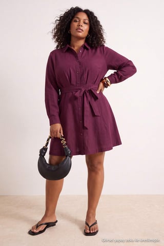 Trendyol Curve Women's Burgundy Plain Short / Mini Long Casual Shirt dress Plus Size Dress
