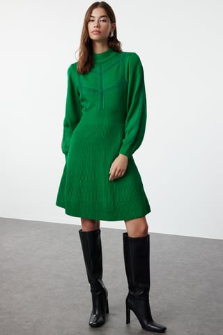TRENDYOLMİLLA Women's Green Plain Short / Mini Long Business A-line Dresses