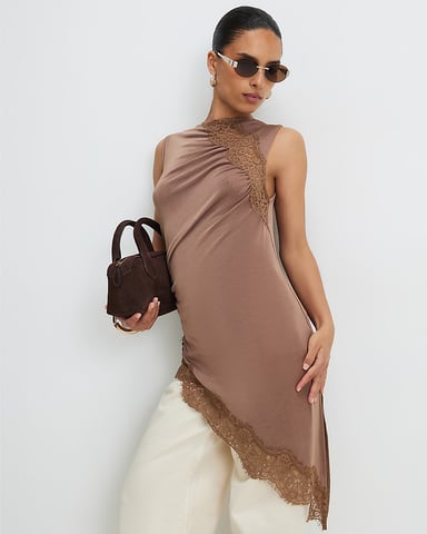 River Island Dames Tuniek Petite Bruin Kanten rand Asymmetrisch
