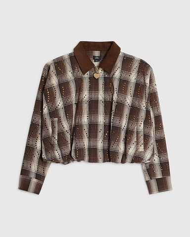 River Island Meisjesjas Bruin Geruit met Studs en Kraag