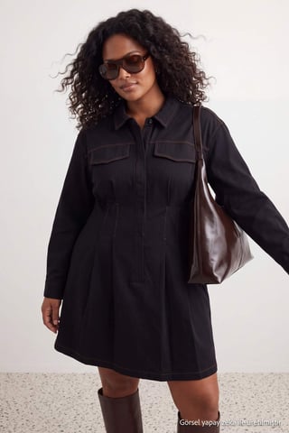 Trendyol Curve Women's Dark blue Plain Short / Mini Long A-line Plus Size Dress