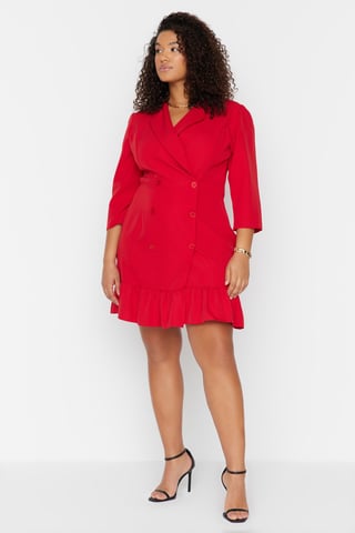 Trendyol Curve Women's Red Plain Short / Mini Three-Quarter Sleeve Casual Blazer dress Plus Size Dress