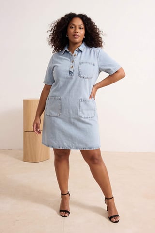 Trendyol Curve Women's Blue Plain Short / Mini Short Casual Shirt dress Plus Size Dress