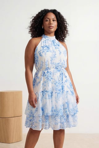 Trendyol Curve Women's Ecru Floral Short / Mini Sleeveless Casual A-line Plus Size Dress