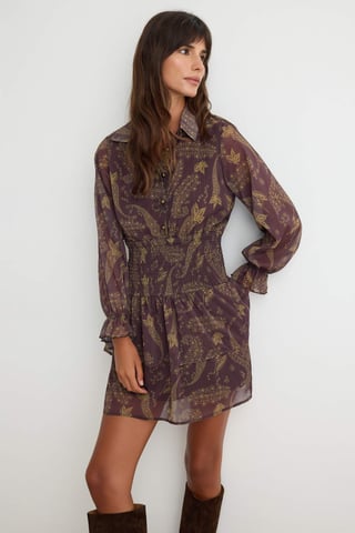 Trendyol Curve Women's Brown Paisley Short / Mini Long Skater Dresses